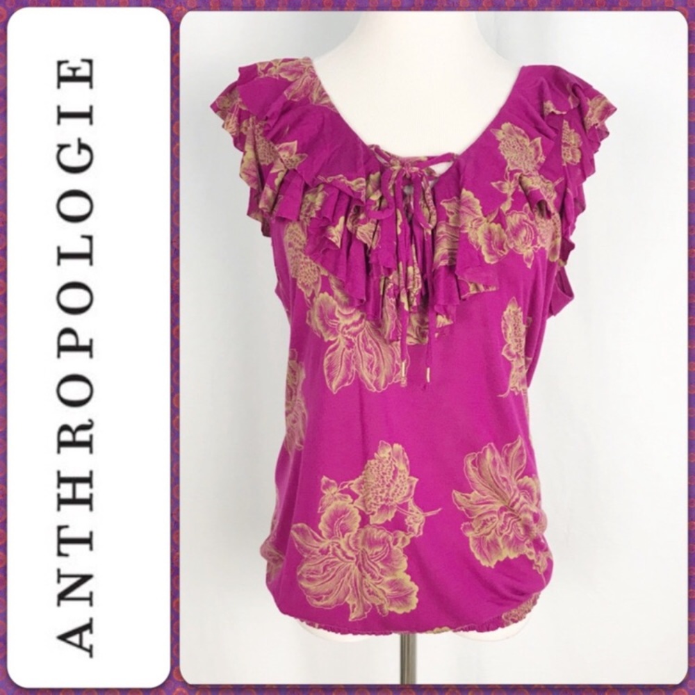 Anthropologie Deletta fuchsia ruffled floral top